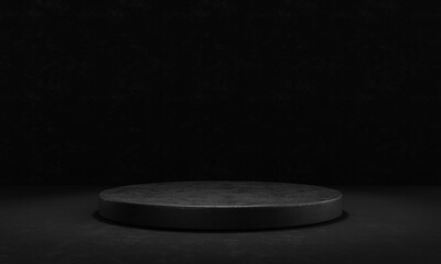 Black cement and concrete stage podium with spotlight and dark grunged wall background. Abstract and object for advertising concept. 3D illustration rendering
