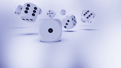 Rolling deep bronze-black dices on gray and deep blue planes background. Concept image of statistical probability, gambling activities and decisive battle. 3D CG. 3D illustration.