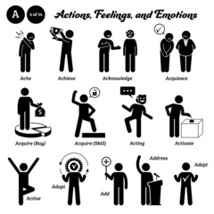 Stick figure human people man action, feelings, and emotions icons starting with alphabet A. Ache, achieve, acknowledge, acquiesce, acquire, acting, actor, activate button, adapt, address, and adept.