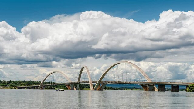 Time lapse view of dramatic skies over JK Bridge by day in Brasilia, Federal District and capital of Brazil, South America.