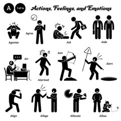 Stick figure human people man action, feelings, and emotions icons starting with alphabet A. Agonize, agree, aid, aide, air, alarmed, aim, alert, align, allege, allocate, and allow.