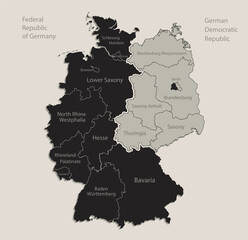 Black map of Germany map divided on West and East Germany with names of regions, design blackboard vector
