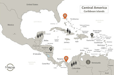 Caribbean islands and Central America map, individual regions with names, Infographics and icons vector