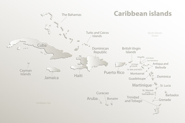 Caribbean islands map, island with names, card paper 3D natural vector