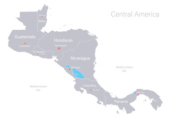 Central America map, individual states and capital city with names vector