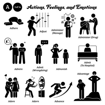 Stick figure human people man action, feelings, and emotions icons starting with alphabet A. Adhere, adjust, administer, admire, admit wrongdoing, hospital, admonish, adore, adorn, advance, advantage.