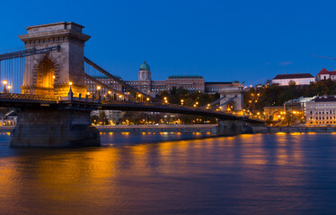 Fototapeta premium Photo of night Chain Bridge near Buda Fortress in Hungary outdoor.