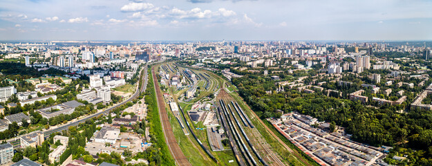 Aerial view of the depot at Kiev-Pasazhyrskyi train station in Ukraine