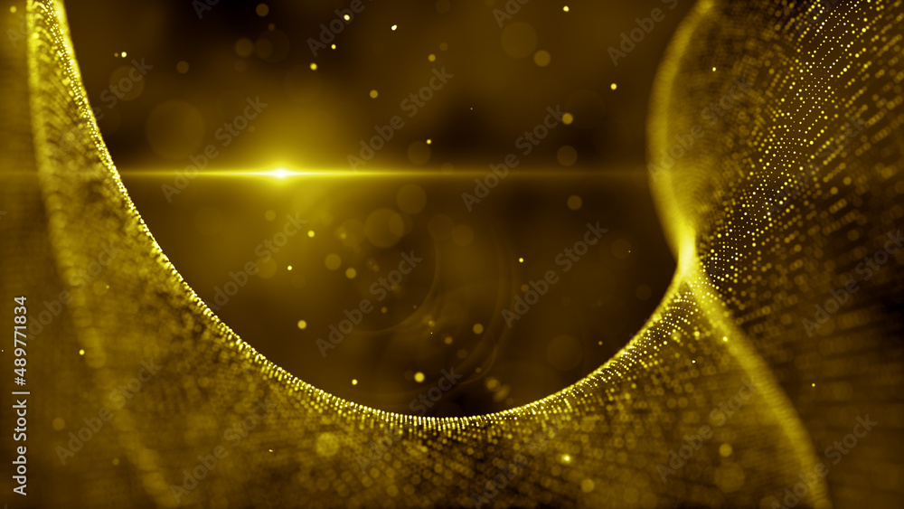 Poster abstract yellow futuristic digital space blurry focus twisted dotted lines with cloudy hazy sparkle 