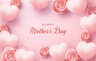 Fototapeta na wymiar Happy mothers day with 3D illustration of love balloons and flowers.