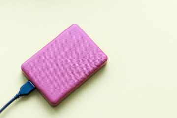 External hard drive disc with usb 3.0 cable. data storage on portable hdd. backup of important data. copy space 