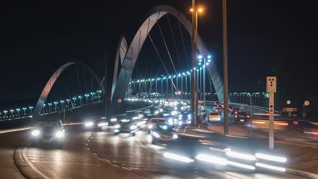 Time lapse view of night traffic on JK bridge in Brasilia, Federal District, capital of Brazil.	