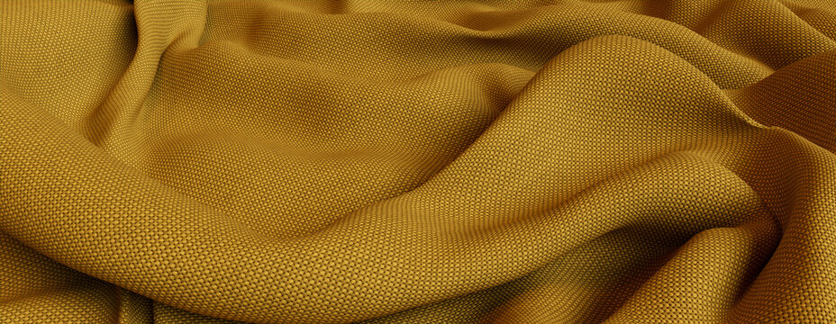 Mustard Yellow Cloth with Ripples and Folds. Tactile Surface Background.