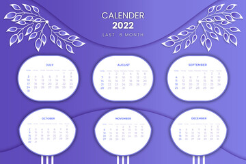 Realistic Wall Calendar 2022 last 6 months Wall calendar design simple clean and elegant design