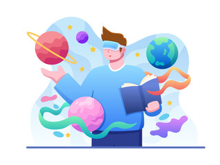 Obraz premium Illustration of People Learning With Wearing Virtual Reality Headset. VR Technology for Education. Can be used for web, landing page, presentation, blog, animation, etc.