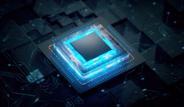 3D rendering of cyberpunk AI. Circuit board. Technology background. Central Computer Processors CPU and GPU concept. Motherboard digital chip. Tech science background.
