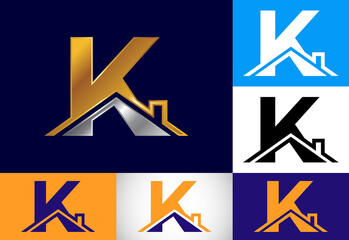 Initial K monogram alphabet with the roof. Home or house sign. Real estate logo concept. Font emblem. Modern vector logo for Real estate business and company identity.
