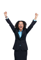 Just got promoted. Studio shot of a well-dressed businesswoman celebrating a success.