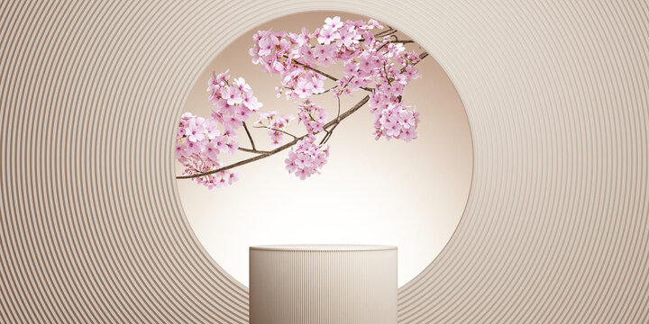 Cosmetic background. japanese style bronw podium and  sakura background for product presentation. 3d rendering illustration.