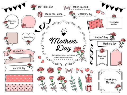 母の日のカーネーションとシンプルな線画イラストフレームセット / あしらい、花、リボン、飾り枠