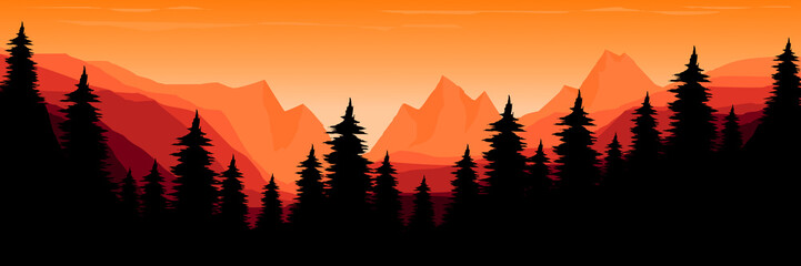 sunrise mountain with forest silhouette flat design vector  illustration good for wallpaper, banner, backdrop, background, art, print, and design template