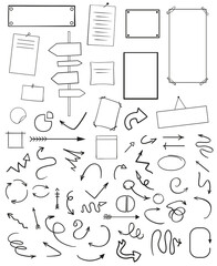 Infographic tables on isolated background. Collection of desks on white. Arrows for design. Hand drawn simple signs. Image for flyers, posters, banners and other