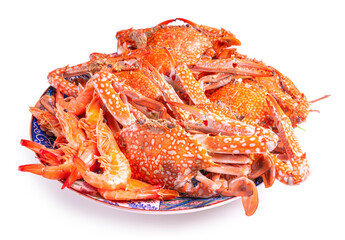 Seafood dish, steamed and cooked blue crab isolate on white with clipping path.