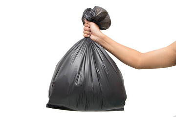 man hands holding black garbage bag isolated on white background