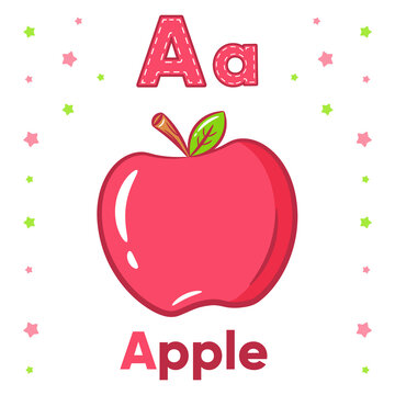 Alphabet flashcard letter A learning with cute apple drawing