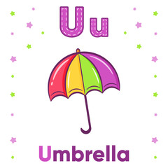 Alphabet flashcard letter U learning with cute umbrella drawing