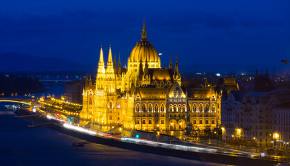 Photo of night light of Parlament in Budapest in Hungary outdoor.