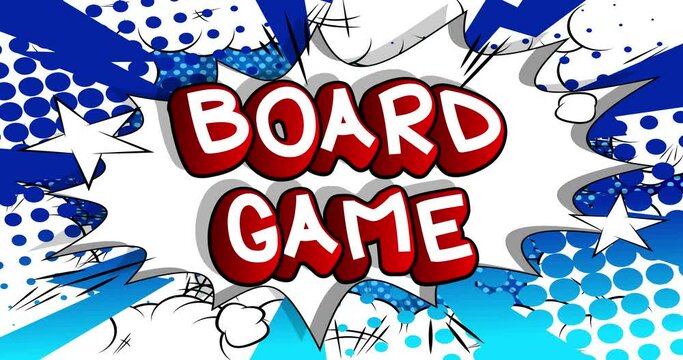 Board Game. Motion poster. 4k animated Comic book word text moving on abstract comics background. Retro pop art style.