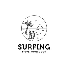surfing beach sunset line art minimalist logo vector illustration design