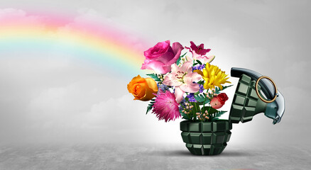 No War concept as a grenade weapon and flowers as a symbol for peace and hope as an unexploded bomb or disarmed explosive device - obrazy, fototapety, plakaty