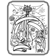 Fototapeta premium Fairy Poster Art With Flowers, Maypole, Cats, and Dog