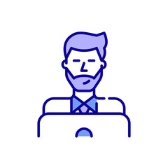 Stylish young man working at a laptop. Pixel perfect, editable stroke color icon