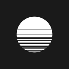 Retrowave black and white sun, sunset or sunrise 1980s style. Synthwave circle shape. Retrowave design element for retrowave style projects. Vector
