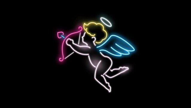 Neon Cupid and Love Arrows Animation On Black Background