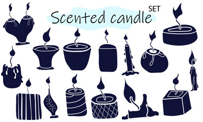 A set of scented candles with a burning fire. Candles for interior, lighting and romantic dates. Aromatherapy. Vector illustration in solid monochrome design on a white background.