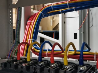 Selective focus image with noise effect three phase single core cables connection in low voltage...