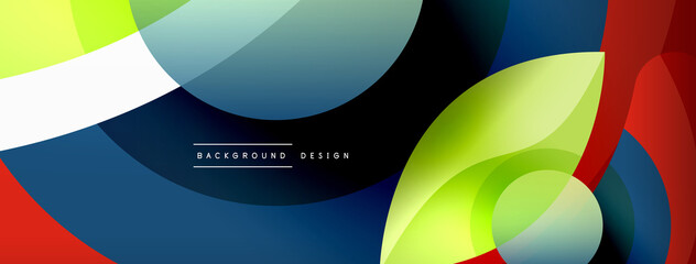 Abstract background with color geometric shapes. Beautiful minimal backdrop with round shapes circles and lines. Geometrical design. Vector illustration