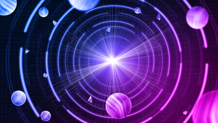 Neon glowing vortex coils with star space sense poster background