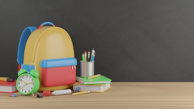 School supplies. Back to school background. 3D Render.