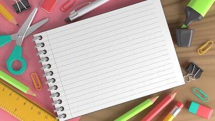 School supplies. Back to school background. 3D Render.