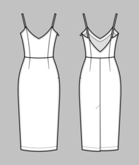 Midi close-fitting sleeveless dress with straps, open back and kick pleat.Bodycon dress. Back and front. Technical flat sketch, vector.