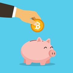 Piggy bank, hand holds golden bitcoin coin virtual money. Cryptocurrency and saving concept