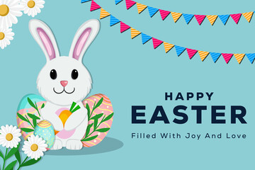 happy easter illustration design hand drawn with rabbit hugging carrot