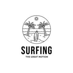 palm tree sunburst beach island surf line art minimalist logo vector illustration design, surfing logo design