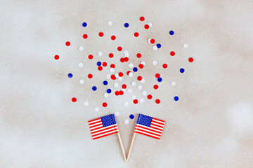 Flags of the United States, confetti. Flat lay for 4th of July, Independence Day. 