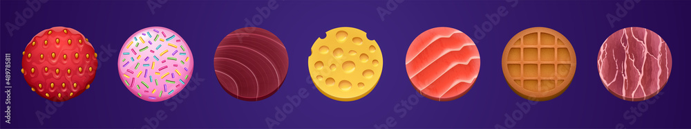 Aufkleber game ui food app icons, round buttons, cartoon menu interface. gui textured graphic design elements 
